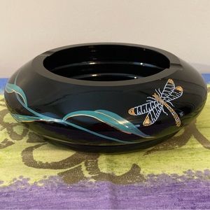 Vintage Black Ashtray with Dragonfly In Turquoise & Gold
